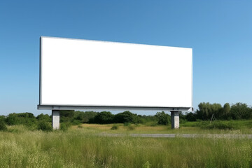 an empty white billboard for your advertising stands in a field near the road. blank advertising billboard mockup in agricultural field. blue sky background. Generative AI
