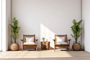 Living room design sample with two wooden chairs against a white wall and copy space.