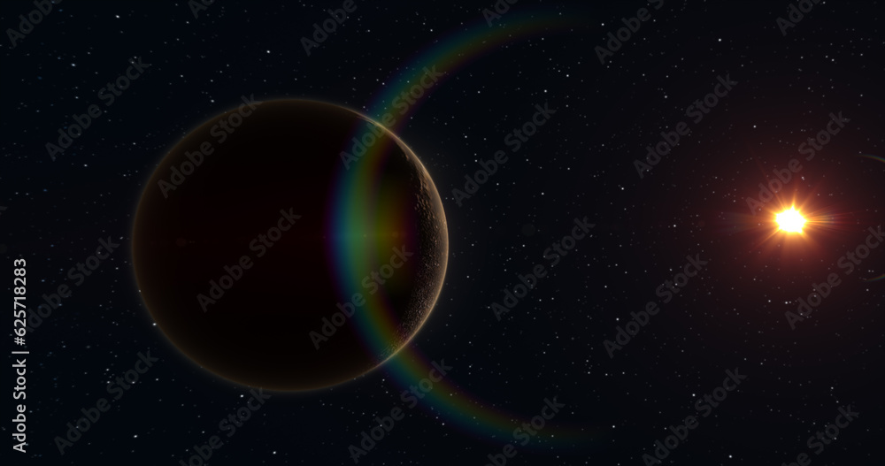Poster abstract realistic space spinning planet round sphere with a relief stone surface in space against t