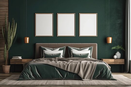Mockup of a poster with vertical frames on a dark green wall in a bedroom.