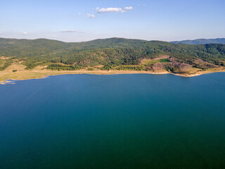 Aerial Sunset view of  Zhrebchevo Reservoir, Bulgaria