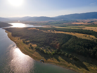 Aerial Sunset view of  Zhrebchevo Reservoir, Bulgaria
