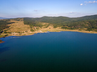 Fototapeta na wymiar Aerial Sunset view of Zhrebchevo Reservoir, Bulgaria