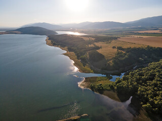 Aerial Sunset view of  Zhrebchevo Reservoir, Bulgaria