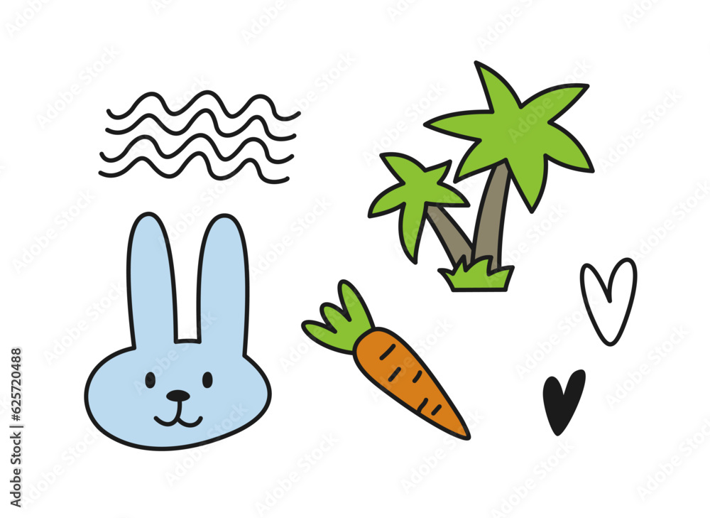 Poster hand drawn of doodle set. cute adorable outline icons with smiling hare and carrot, palm tree and wa