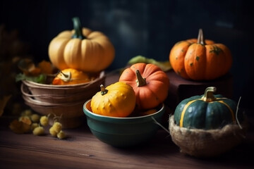 Different types of home garden pumpkins on a kitchen table. Generative AI