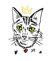 Hand drawn of doodle. Outline sketch with cat in collar, scribble and heart, crown and star. Line art print for tattoo and textile design. Linear flat vector illustration isolated on white background