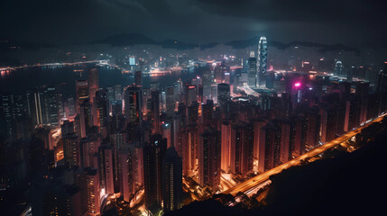 Fototapeta premium As twilight descends, a modern metropolis comes alive with a captivating display of lights. The city skyline is adorned with skyscrapers, their glass facades reflecting the warm hues of the setting su