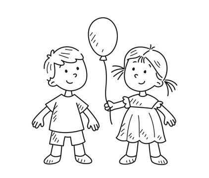Doodle coloring page. Outline sketch with cute friendly little kids and balloon. Smiling friendly boy and girl in hand drawn style. Linear flat vector illustration isolated on white background