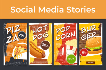 Fast food sale discount pizza hot dog popcorn burger special offer social media stories set vector