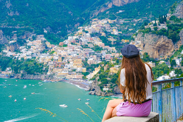 Panoramic view of Positano, Italy along the Amalfi Coast.