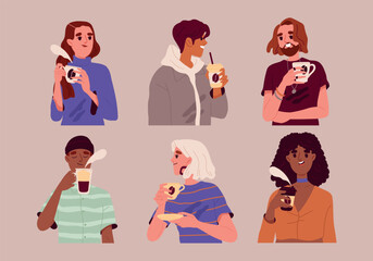 People drink coffee set. Friendly characters in coffee shop with mugs and paper cups drinking beverages. Portraits of young smiling men and women. Cartoon flat vector collection isolated on background