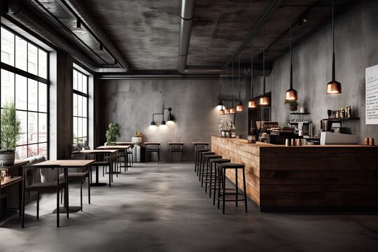 Modern and minimalistic cafe store design Concrete counters with a wall behind them, coffee making supplies Wood floors, a wooden metal chair, metal window frames, and a metal table.