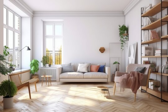 An empty room in a mockup has a parquet floor and white vinyl wall d�cor. example of a living room that is empty for interior design.