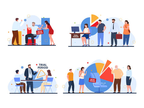 Work trial probation period career vacancy opportunity search candidate hiring set vector flat