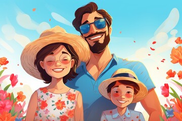 Happy cartoon family on the beach during summer created by generative ai