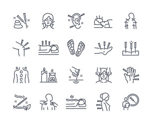 Outline acupuncture icons set. Oriental medicine with spa treatments for body and health care. Stickers with massage, hot stones and aroma sticks. Linear flat vector isolated on white background - obrazy, fototapety, plakaty