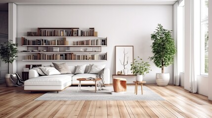 Fototapeta na wymiar Interior of contemporary living room with wooden flooring and white walls. Wall space for copies. Fur carpet, coffee table with vase and books, white leather couch.