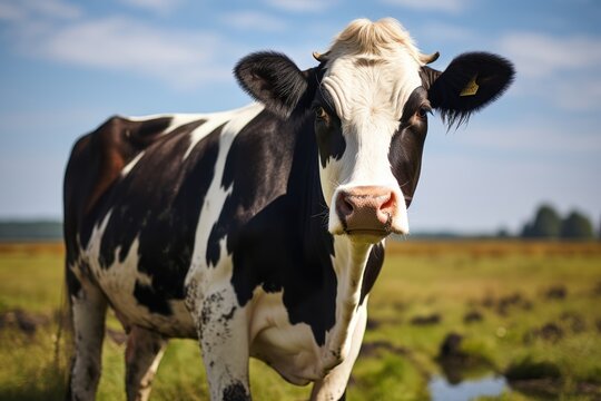 Dutch Cow. Cow. Cow On Green Pasture on Sunny Day. Closeup of Black and White Cow On Sunny Spring Day. Made With Generative AI.