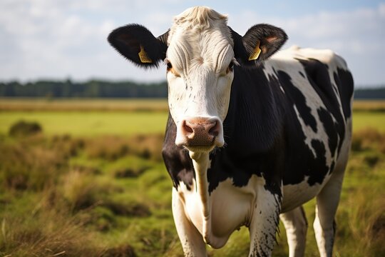 Dutch Cow. Cow. Cow On Green Pasture on Sunny Day. Closeup of Black and White Cow On Sunny Spring Day. Made With Generative AI.