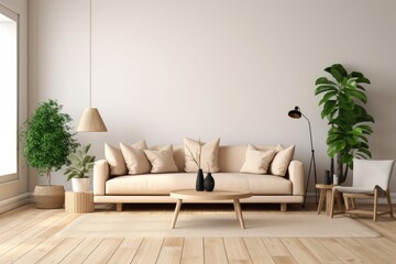 Toned image, mock up of a living room setting with a beige sofa, cushions, a tiny coffee table with a laptop on it, and a horizontal poster.