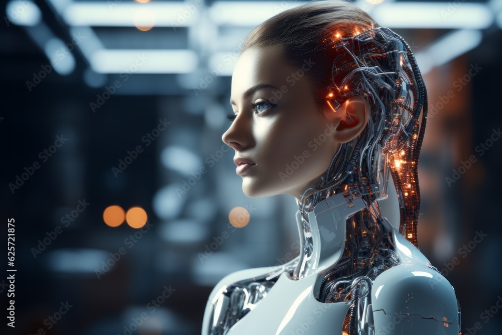 Poster anthropomorphic artificial intelligence. portrait with selective focus and copy space