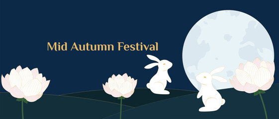 Mid Autumn Festival background with rabbits, full moon and watter lily. Chuseok.Vector illustration