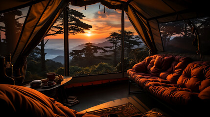 Fototapeta na wymiar Glamping inside of sapcious tent. Sunset over landscape seen through windows - Generative AI