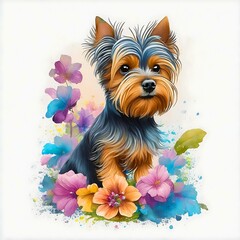 Yorkshire Terrier standing, full height, flowers on the background. Watercolor art, pop art. Digital illustration created with Generative AI technology