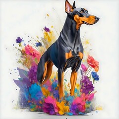 Doberman dog standing, full height, flowers on the background. Watercolor art, pop art. Digital illustration created with Generative AI technology