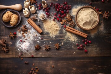 Fototapeta na wymiar Bakery background with ingredients for cooking Christmas baking. Flour, brown sugar, butter, cranberry and spices on wooden table top view with copy space