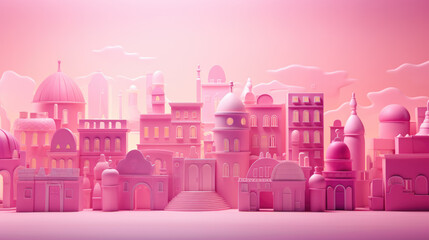 Mini toy city concept isolated on pink. Toy constructor - girly pink city. AI generated