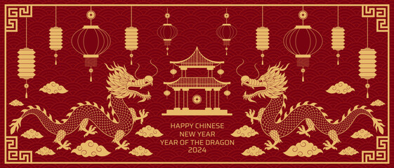 Naklejka premium Happy chinese new year 2024 .Zodiac sign. Golden dragon on red background. New year background.Vector