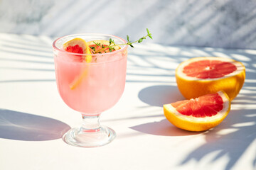 A chilled drink with grapefruit or red orange in glasses on a gray background under the shadow of palm leaves. Summer soft drinks and cocktails with fresh fruit