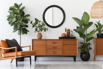 Retro-modern living room d�cor featuring a teak design commode, a mock up black poster frame, a plant, decorations, a white wall, and personal items. Template.