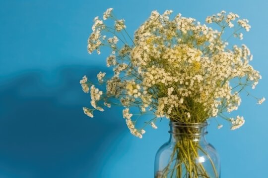 Gypsophila in a vase made of a bottle. Flowers in a vase against a background of a light blue wall. a little bouquet in a straightforward container