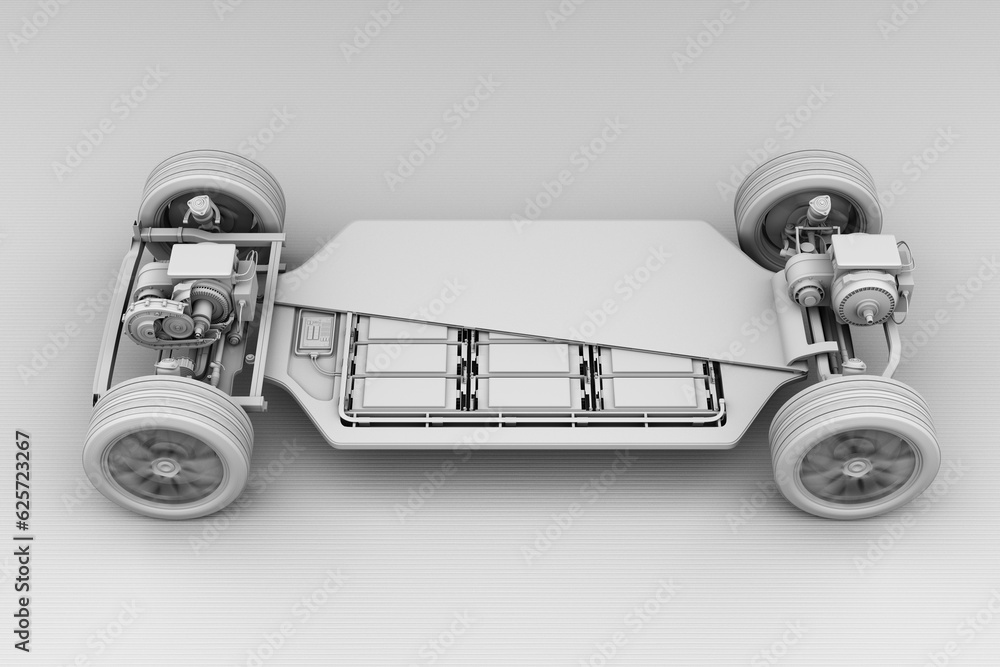 Poster clay rendering of electric vehicle chassis with dual motors and solid-state battery pack driving on 
