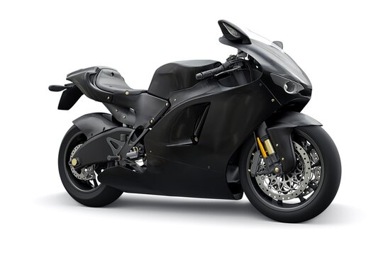 Italy, Milan. July 20, 2023. Ducati Desmosedici RR. Black powerful sports bike for racing at high speeds. on a white background. 3d rendering.