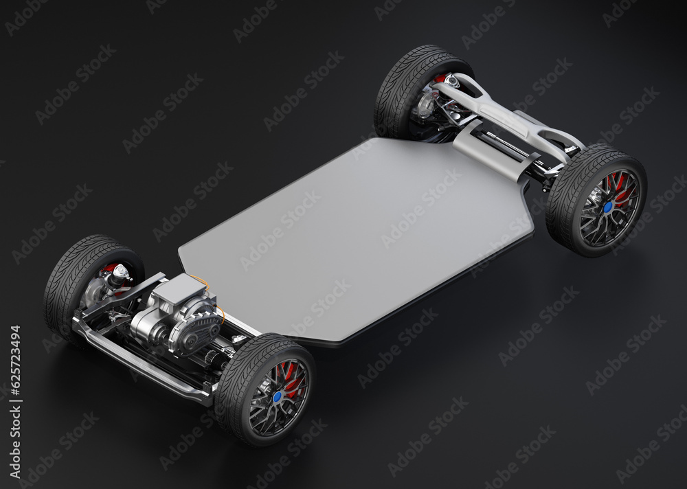 Poster isometric view of electric vehicle chassis with solid-state battery pack on black background. 3d ren