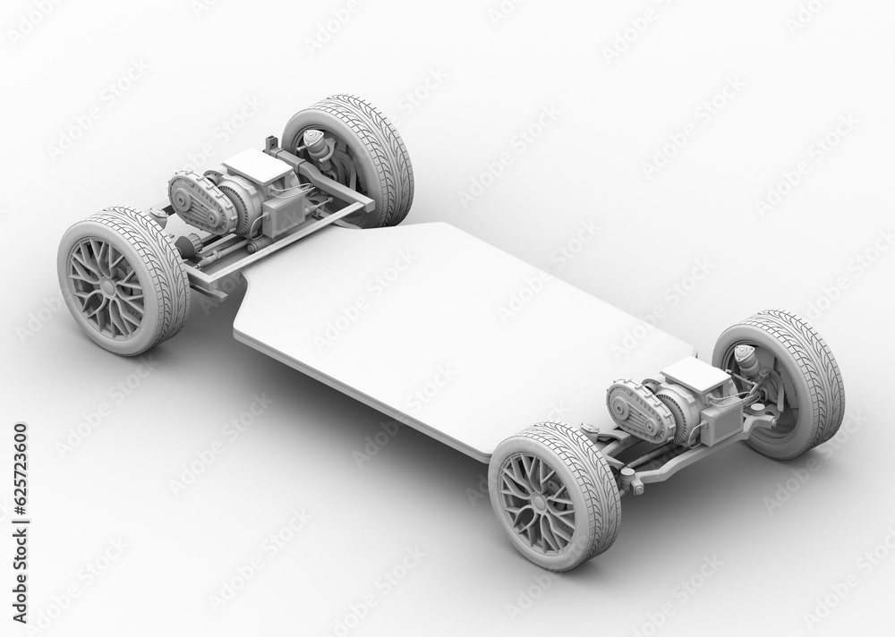 Aufkleber clay rendering of electric vehicle chassis with solid-state battery pack on gray background. isometr