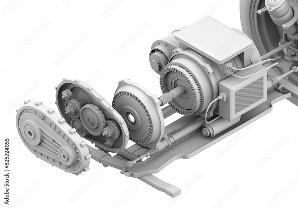 Poster clay rendering of electric vehicle motor mounted on chassis. exploded view. 3d rendering illustratio