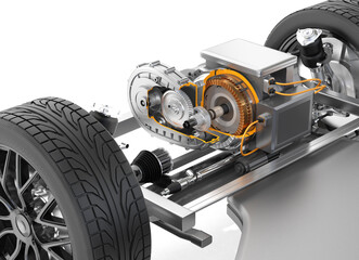Cutaway view of  Electric Vehicle Motor mounted on chassis. 3D rendering illustration.