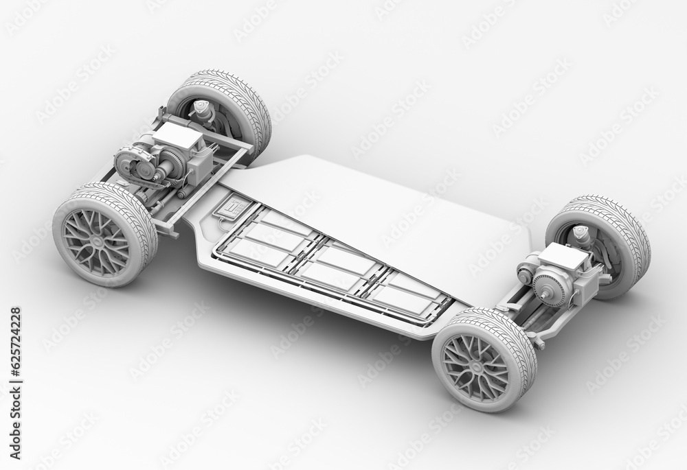 Poster clay rendering of electric vehicle chassis with dual motors and solid-state battery pack driving on 
