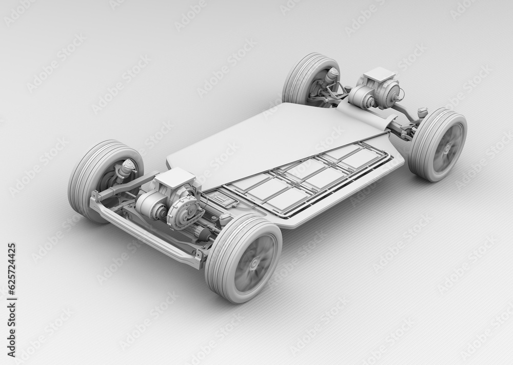 Poster clay rendering of electric vehicle chassis with dual motors and solid-state battery pack driving on 