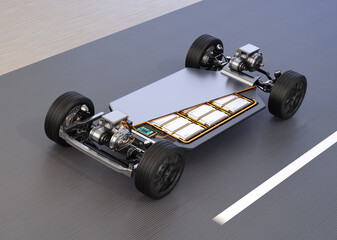 Cutaway view of Electric Vehicle Chassis with Dual Motors and Solid-state battery pack driving on the road. 3D rendering image.