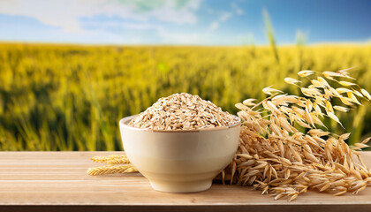 Ears of oats and oatmeal in bowl on table with field on the background. Uncooked porridge