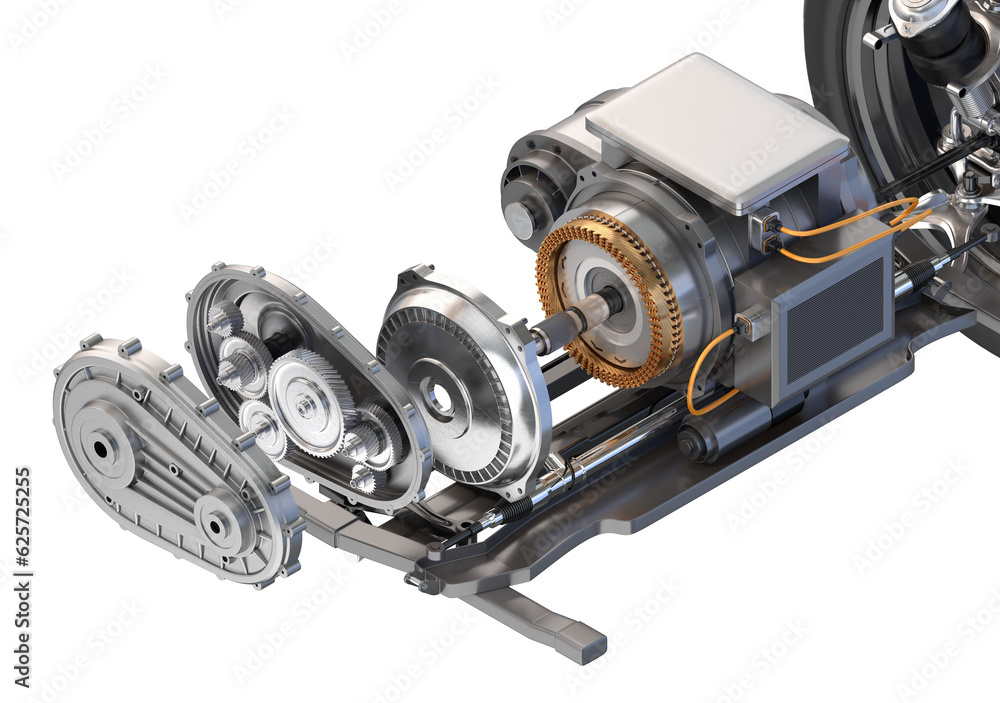 Poster exploded view of electric vehicle motor mounted on chassis. 3d rendering illustration.
