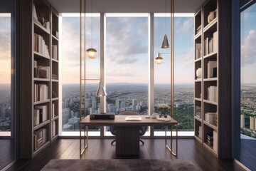 Top view of contemporary office space with wooden floors, a window and city view, a desktop workspace, and a bookcase. a design idea