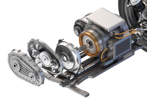 Exploded view of  Electric Vehicle Motor mounted on chassis. 3D rendering illustration.