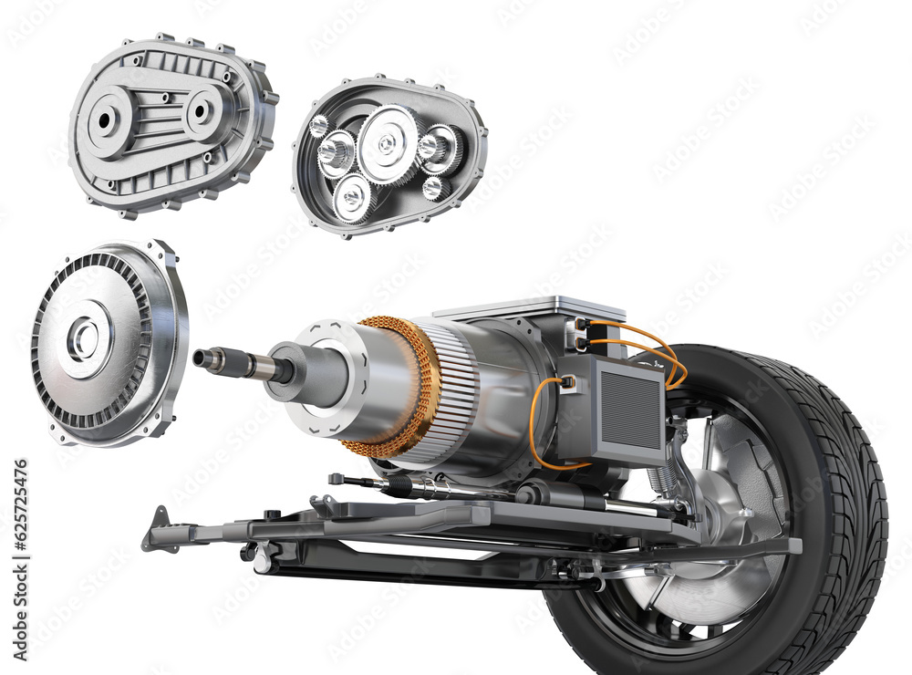 Poster exploded view of electric vehicle motor mounted on chassis. 3d rendering illustration.